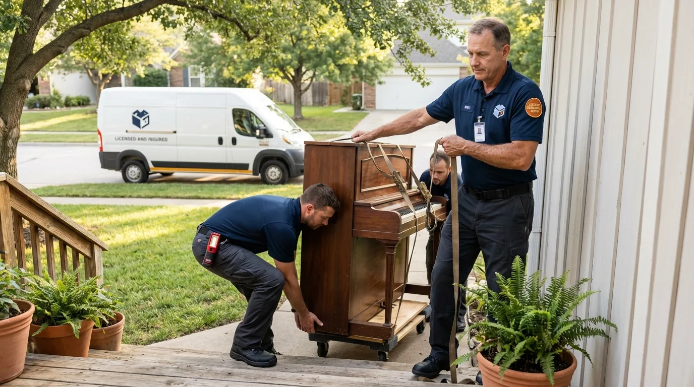 Licensed piano movers securing grand piano in Fairfax Station, VA