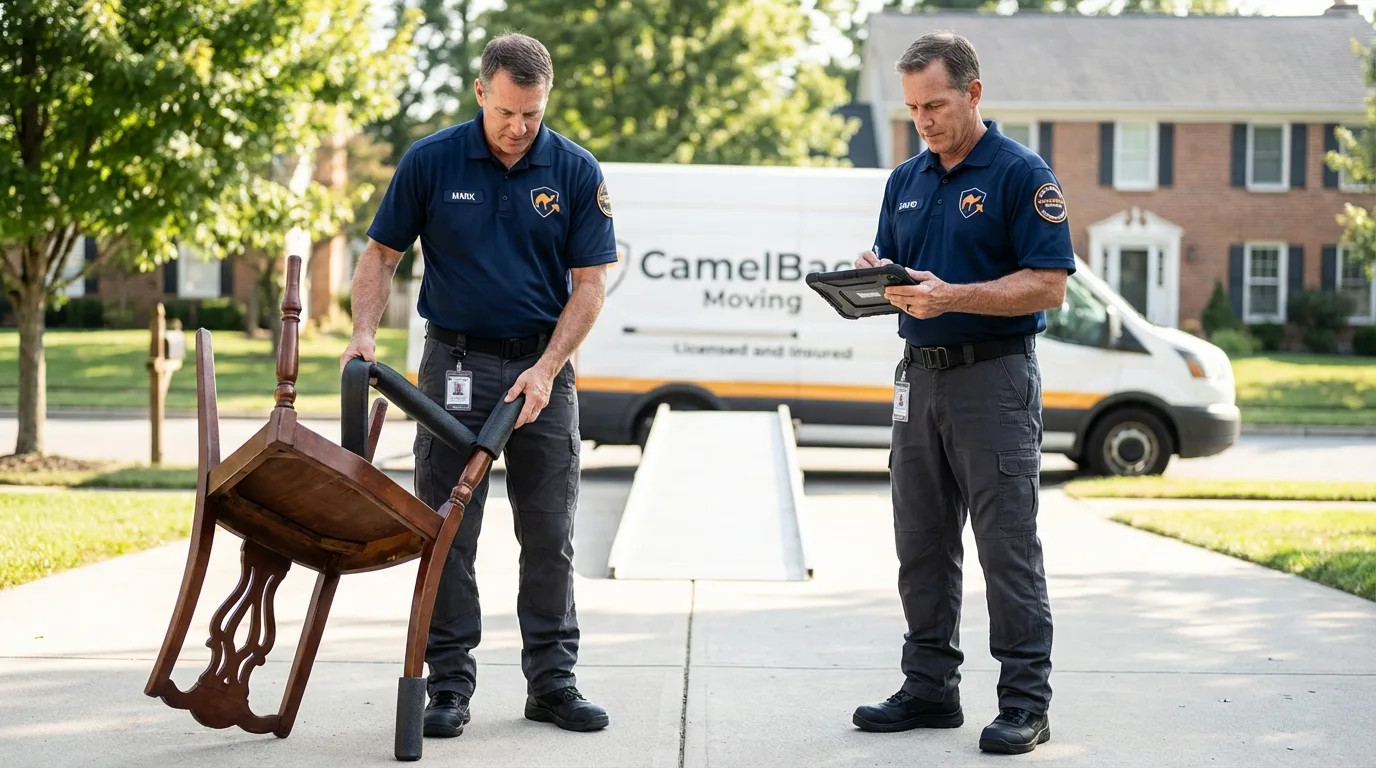 Movers inspecting furniture for damage prevention before loading in Fairfax Station, VA