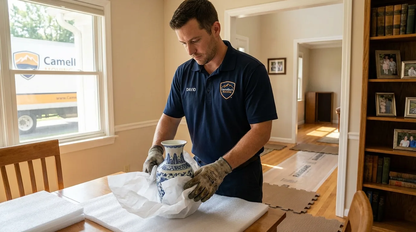Professional crew carefully wrapping antique vase for senior downsizing move in Fairfax Station, VA